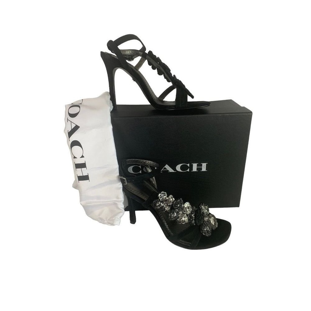 7.5B Coach Bianca Sandal Leather Paillettes‎ Heeled Sandals Black 4" Heel G3169